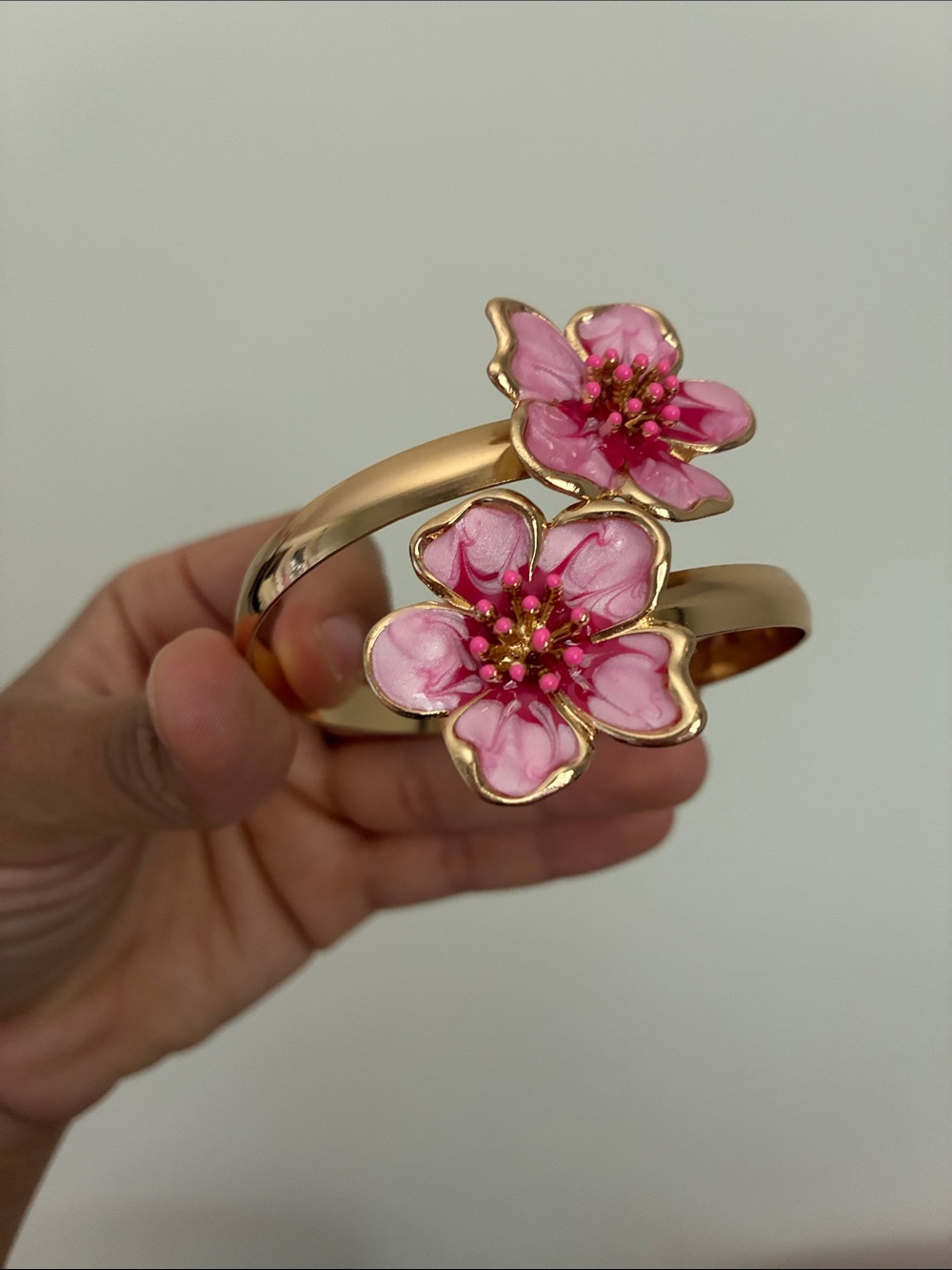 Gold-Tone Pink Enamel Floral Cuff Bracelet